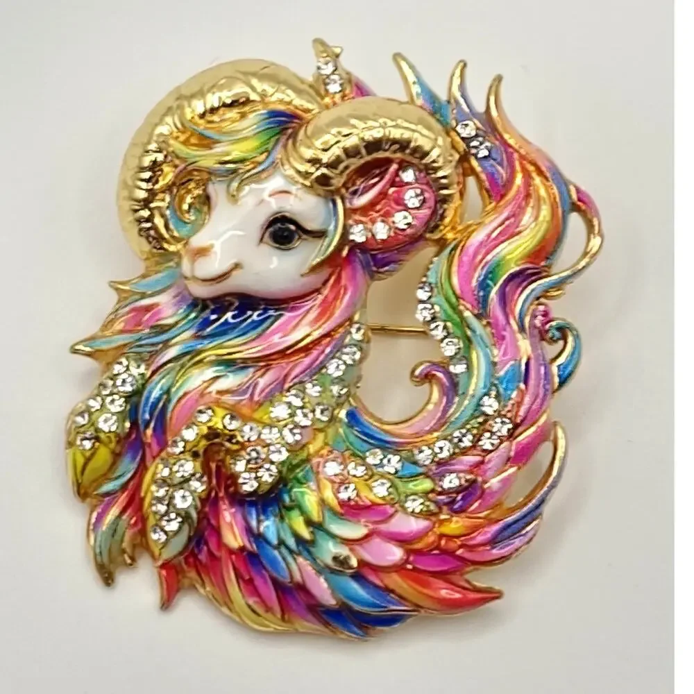 Fantasy Style Goat Ram Rainbow Brooch Colorful Enamel and Rhinestones